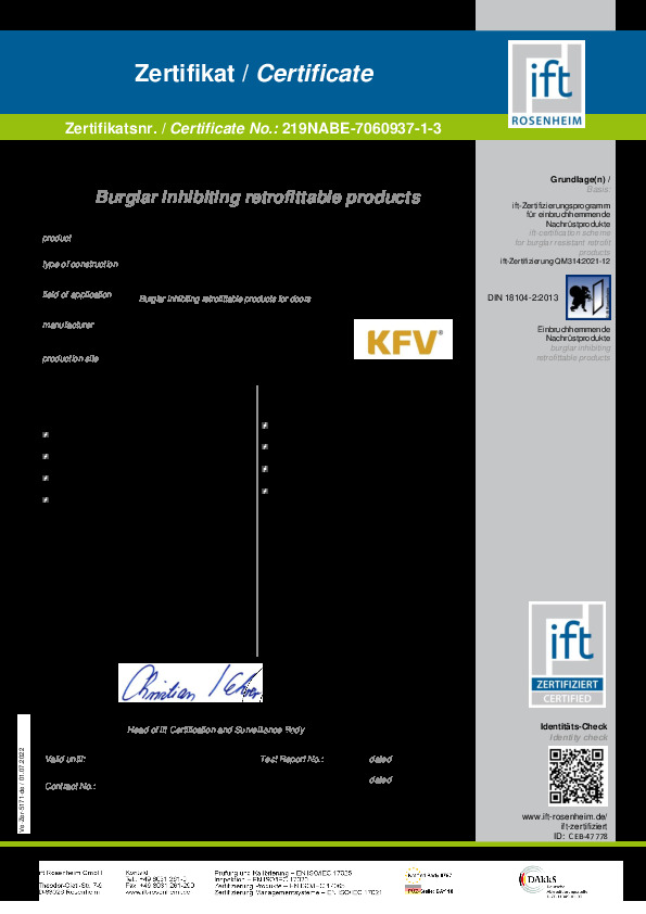 Sertifikāts IFT Rosenheim 219NABE-7060937-1-3 (DE/EN)