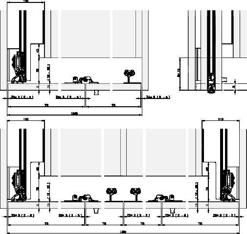 HAWA Folding Concepta III 20/25 PULL - montāžas shēma 2 un 4 durvīm bez grīdas profila