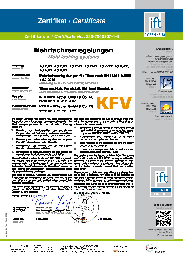 Sertifikāts IFT Rosenheim 230-7060937-1-8 (DE/EN)