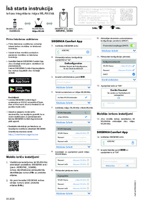 AEROTUBE/AEROPAC Comfort App lietošanas instrukcija (LV)