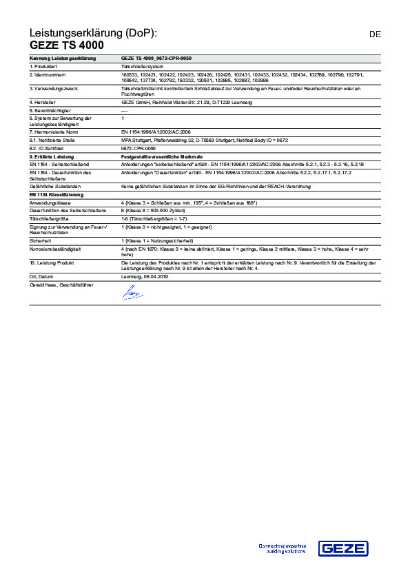 GEZE TS 4000 - Ekspluatācijas īpašību deklarācija 